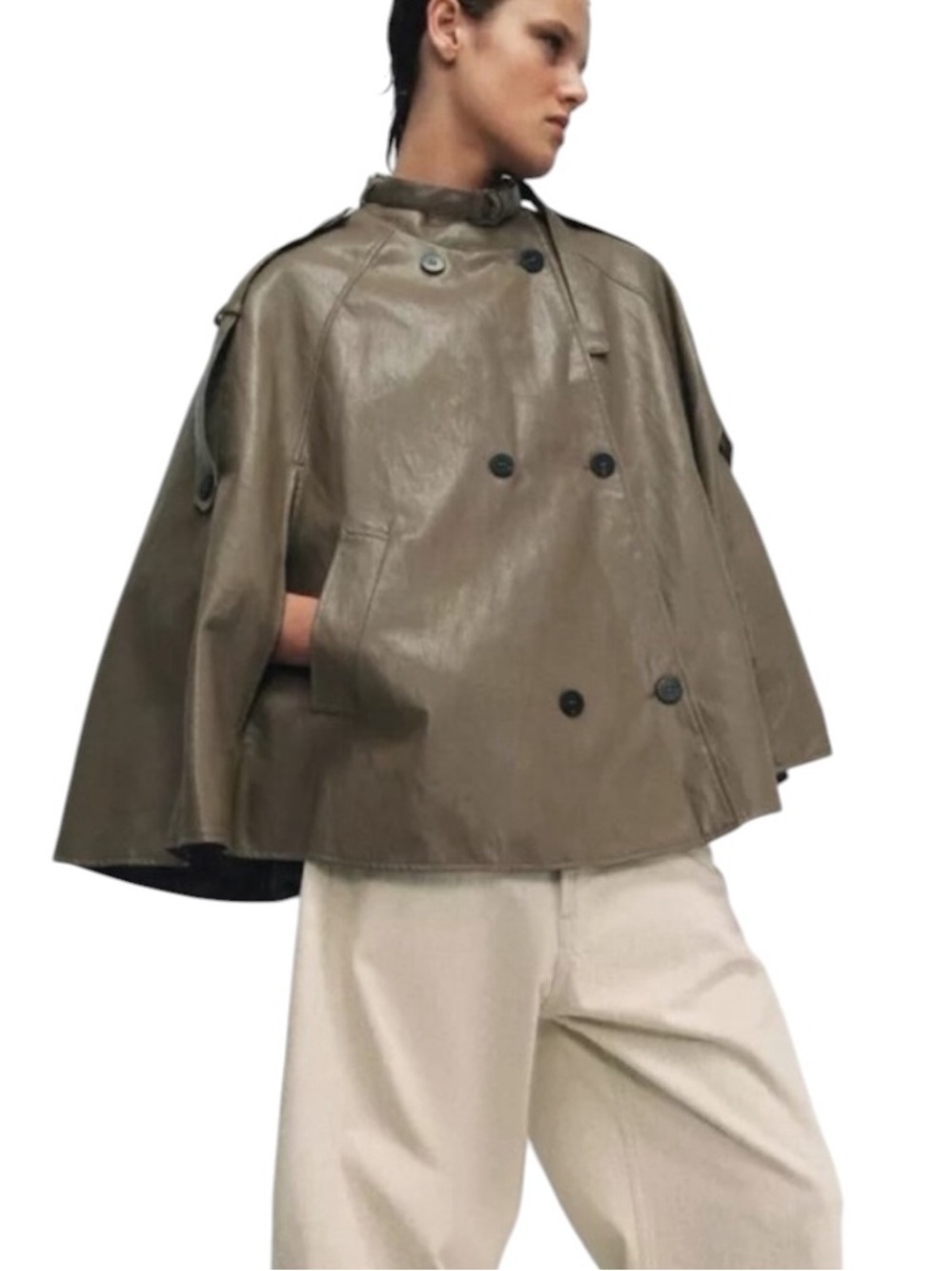 NWT RARE Zara Olive Green Faux Leather Buckle Neck Cape Jacket - S